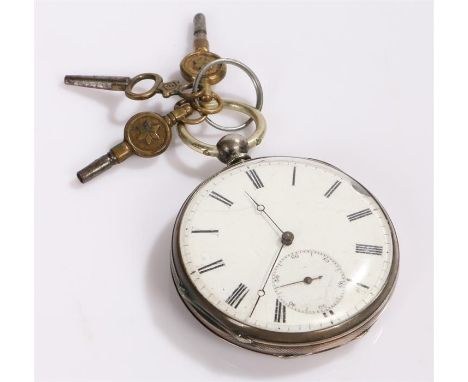 Silver open face pocket watch, with a white enamel dial and black Roman hours 