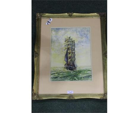 A watercolour by the artist Jan Wasilewski of a three masted ship in full sail, 34 cm x 25 cm .(after the German invasion of 