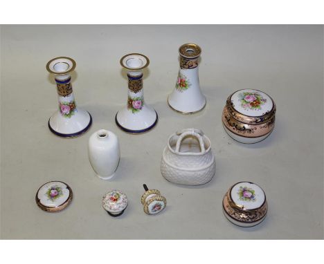 Noritake porcelain, to include candlesticks, a vase, a pot and a lid, also together with a small white porcelain vase, a bisq