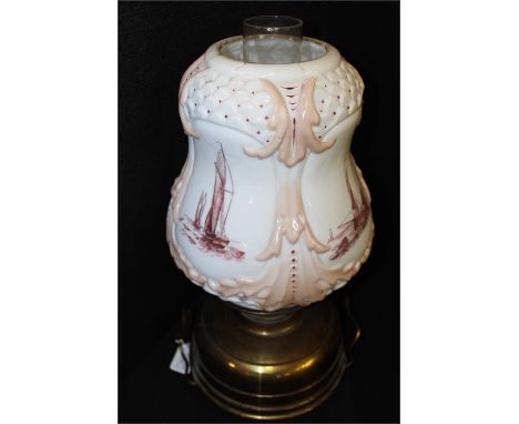 19th century German glass and brass oil lamp,label on lamp reads, Manufactured in Germany by the Veritas Lamp Works, white an