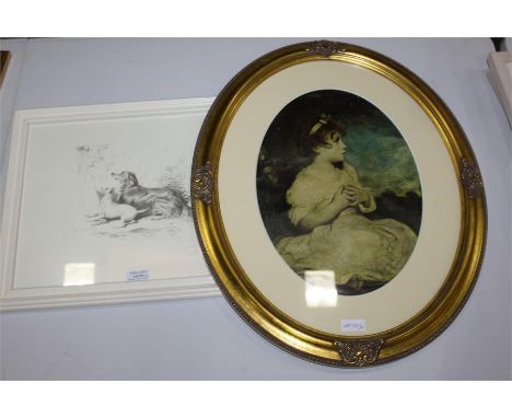 Coloured print of a young girl, housed in a gilt scroll decorated oval frame, the print 26.5cm x 36.5cm, black and white prin