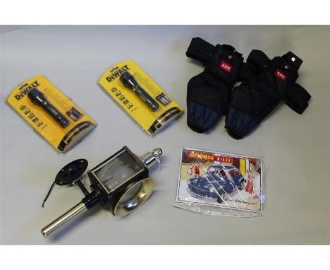 An electric carriage lamp, together with two AEG cordless drill belt and holsters, two DeWalt LED flashlights and a metal Mor