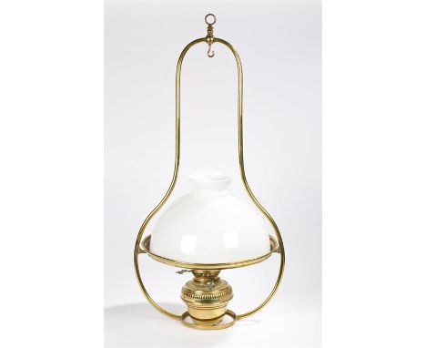 Large hanging oil lamp, brass frame and burner, opaque glass shade