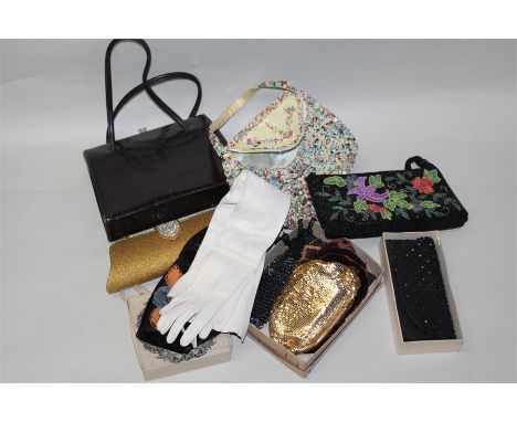 Collection of vintage Ladies hand bags, together with a pair of Ladies evening gloves, (Qty)