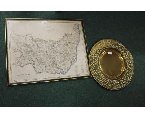 A framed hand coloured vintage map of Suffolk, together with a brass hanging plate, (2)