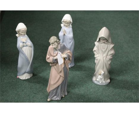 Nao Lladro porcelain figures, as two ladies a boy with cloak and a bearded figure, (4) 