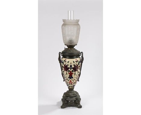 Glass and pottery lamp by R Ditmar of Wien, the frosted glass shade decorated with figures depicting the four seasons, the po