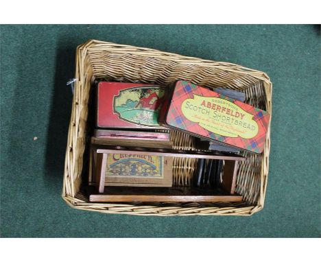 Mixed lot to include, a wicker basket, a wooden pipe rack,a vintage Craven A cigarette tin, AWS Biscuit tin (containing small