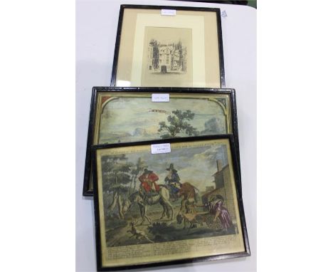 Coloured print depicting Kajutsiu, housed in a black frame, the print 27.5cm x 20cm, coloured Hogarth print "St Hudibras his 