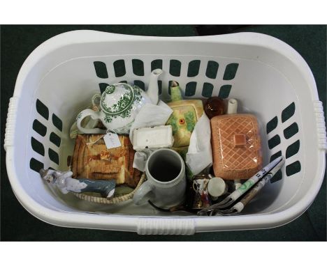 Collection of porcelain and pottery, to include three teapots, an Imari style vase, paperweights, biscuit barrel, miniature c