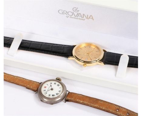 Medana silver cased ladies wristwatch, the signed white enamel dial with Roman numerals in black and red surrounded by an out