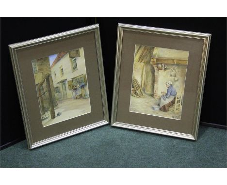 G Buckley, interior scene with seated figure peeling vegetables, the other depicting an exterior scene with scales to the for