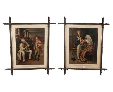 Pair of carved oak Gothic frames, with cross-over corners, each containing a coloured print, 75.5cm x 89cm
