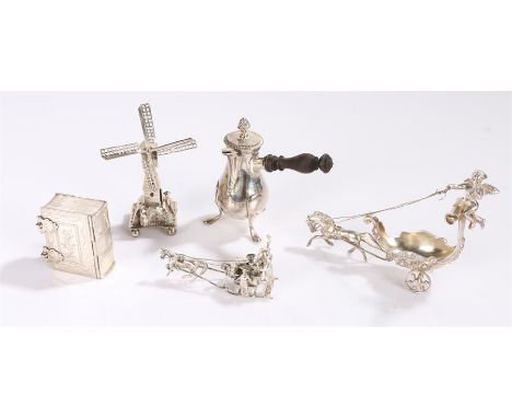 Dutch silver windmill, silver model of a sledge pulled by horses, book form snuff box, white metal chariot driven by a cherub