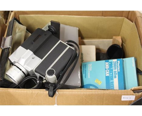 Camera equipment to include a cine-camera, film reels, opera glasses etc. (qty)