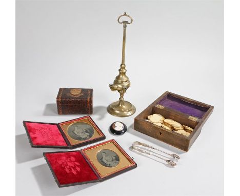 Collection to include two ambrotype portraits of a boy, a wooden box with leather strapped basket weave top containing a quan