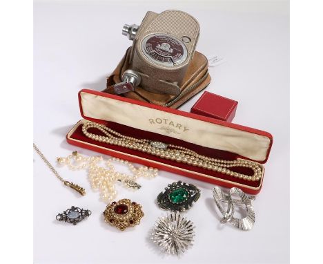 Jewellery, to include pearl necklaces, earrings, brooches, together with a Bell & Howell Sportster cine camera