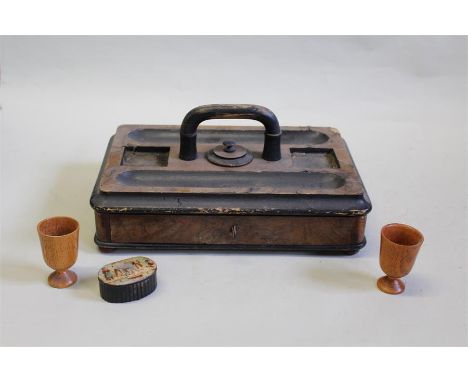 Victorian walnut desk stand, with an arched handle above the rectangular body with pen trays above the frieze drawer, togethe