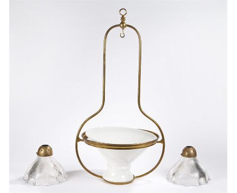 Hinks brass hanging lamp with white glass shade, 72cm high by 38cm wide, two ribbed clear class shades with brass fittings, 1