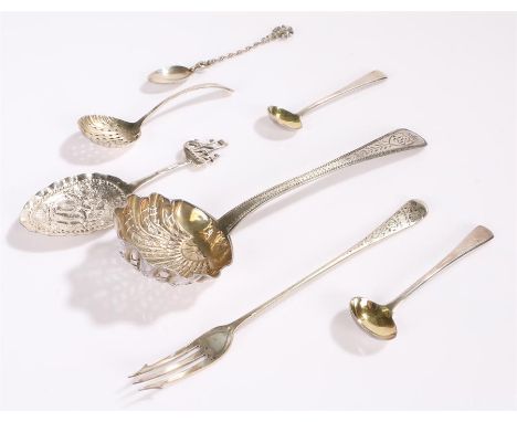 British and Continental silver to include a pair of George III silver mustard spoons, silver pickle fork, sifter spoon with s