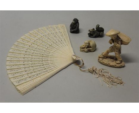 Japanese style figures, in resin, to include a gorilla, a squirrel, a figure, a fan and a netsuke type figure, (5)
