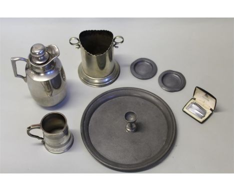 Pewter and plated ware to include circular tray, bottle holder, jug, pint mug, egg cup etc. (qty)
