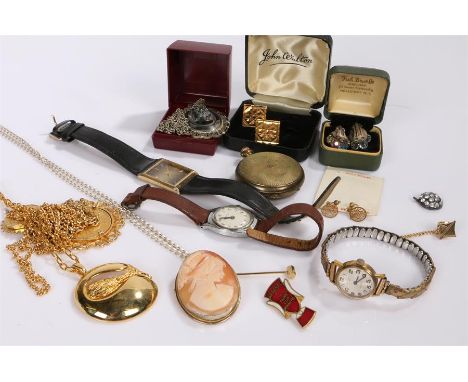 Jewellery and watches, to include two cameo brooches, Accurst Wristwatch, pocket watch, cufflinks, coin medallions, etc, (qty