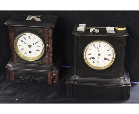 Two Victorian black slate mantel clock, with white enamel circular dials and plinth bases, 22cm high, (2)