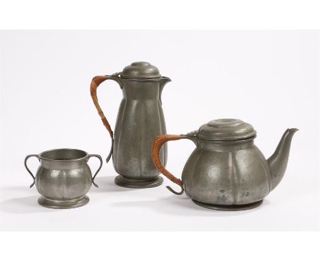 Liberty and Co Tudric English pewter teapot, hot water jug and sugar bowl, A/F (3)