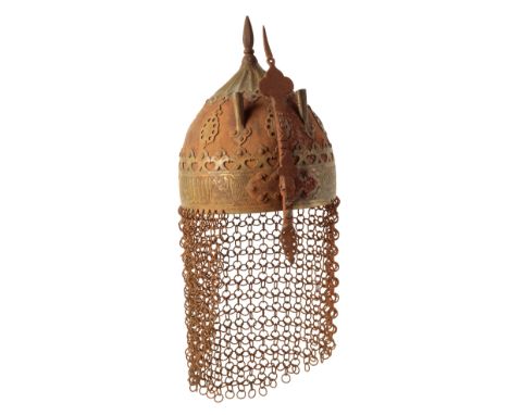 A PERSIAN ARMOURED HELMET with a chain-mail neckguard and double plume holder, with spike finial