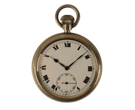 A MILITARY STAINLESS STEEL GENTLEMAN'S POCKET WATCH with keyless wind movement, the white enamel dial with black Roman numera