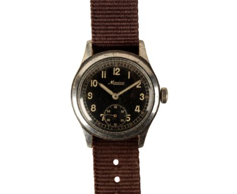 MINERVA: A GENTLEMAN'S STAINLESS STEEL MILITARY WRISTWATCH, with a manual wind movement, the black dial with luminous Arabic 