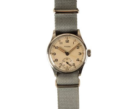 UNITAS: A  GENTLEMAN'S MILITARY STAINLESS STEEL WRISTWATCH with manual wind movement, the silver dial with subsidiary seconds