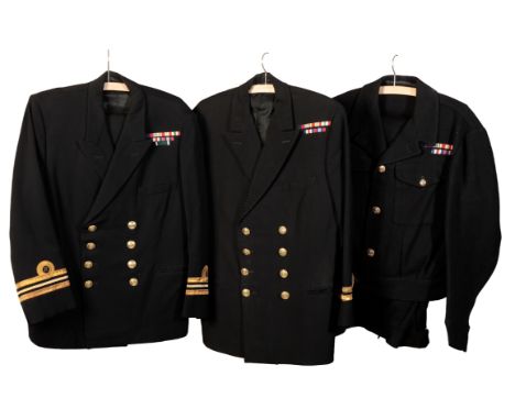 A ROYAL NAVY BATTLE DRESS jacket and trousers, medal ribbons for WWII Star, WWII Star Africa, WWII Star Italy, WWII Star Fran