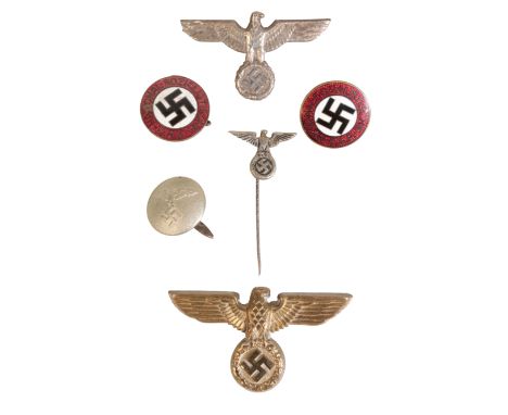 A COLLECTION OF GERMAN POLITICAL BADGES Silver Visor Eagle, missing 1 prong Political Eagle tie pin maker marked 'A' NSDAP Bu