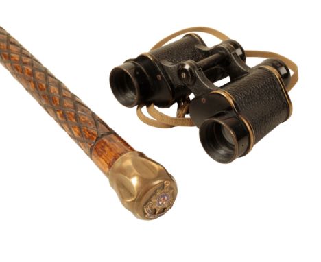 A ROYAL SUSSEX REGIMENT ENAMEL &amp; BRASS TOP WALKING STICK and a pair of military binoculars by Taylor &amp; Hobson dated 1