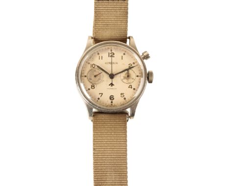 LEMANIA: A BRITISH MILITARY GENTLEMAN'S STAINLESS STEEL WRISTWATCH with manual wind movement, the cream dial with double subs