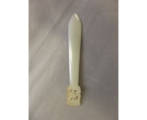 A C19th Chinese celadon jade hair ornament with carved and pierced bird decoration, 6'' long