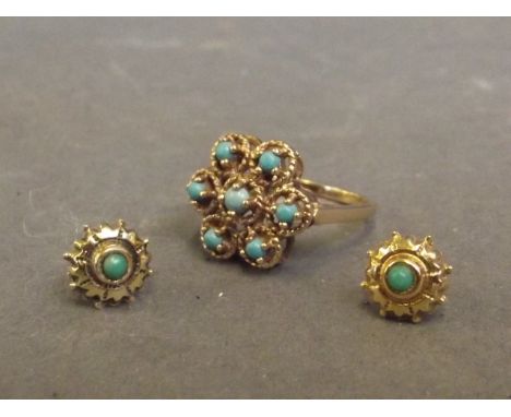 A pair of 9ct gold stud earrings, and a matching seven stone set dress ring, size R