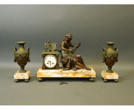 A late C19th French cold painted spelter clock garniture, the clock with accompanying figure of a girl with a lute, the two s