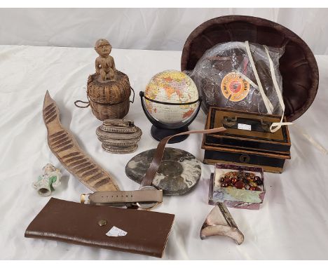 A quantity of assorted collectables including an EPNS Ronson 'Queen Anne' table lighter, a small globe in stand, a goniatite 