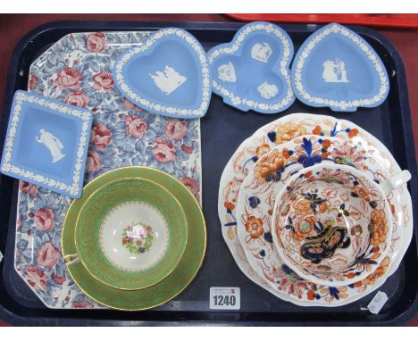 A XIX Century Pottery Imari Style Trio, a George Jones Crescent China floral cup and saucer (crack), a rose decorated pottery