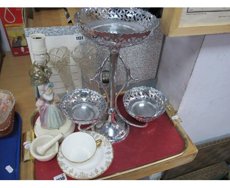 Chrome Epergne Stand, pair art glass spill cases, Royal Crown Derby 'Vine' cup and plate (seconds) 1930's figured table lamp 