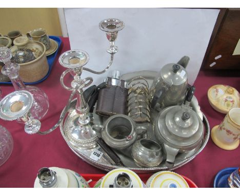 Knighthood Pewter Tray, having cylindrical bakelite handles, oval plated tray, Viners candelabra, Elkington toast rack, etc. 
