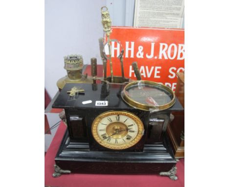 Ansonia Metal Cased Mantle Clock, circa 1900, brass oil lamp, companion set.