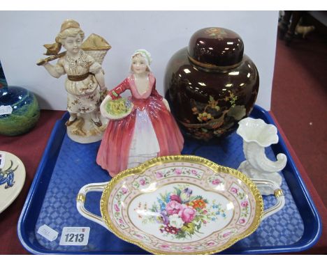 Doulton 'Janet' Figurine HN 1537, Worcester Cornucopia shell, Derby 250 collectors limited edition dish, Carlton ginger jar, 