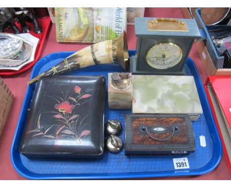 A XIX Century Scumbled Box with Domed Lid, 14cm wide, cased mantle clock, horn, mini curling bowls, etc:- One Tray