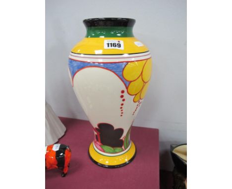 Wedgwood Clarice Cliff, Bizarre Collection Vase, of inverted baluster r form, decorated in the 'Summer House' pattern, black 