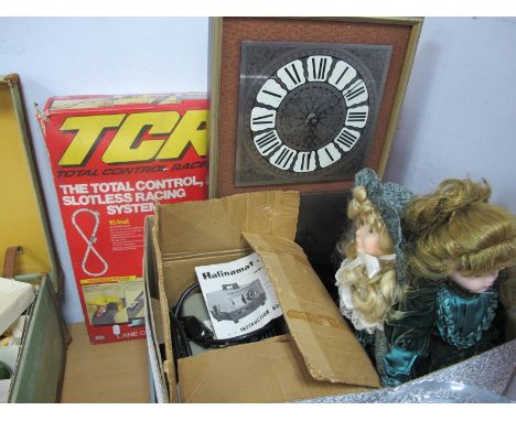 Ideal TCR 'Indy Grand Prix Three Car System' with lap computer. Stainless Steel wall clock, three dolls, Halinamat projector.