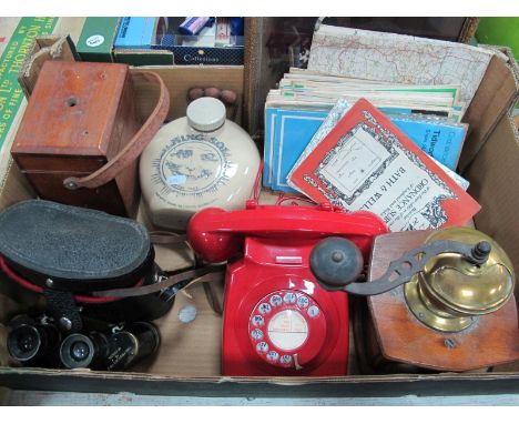 A XIX Century Coffee Grinder, red Bakelite telephone, binoculars, ordinance survey maps, etc:- One Box.